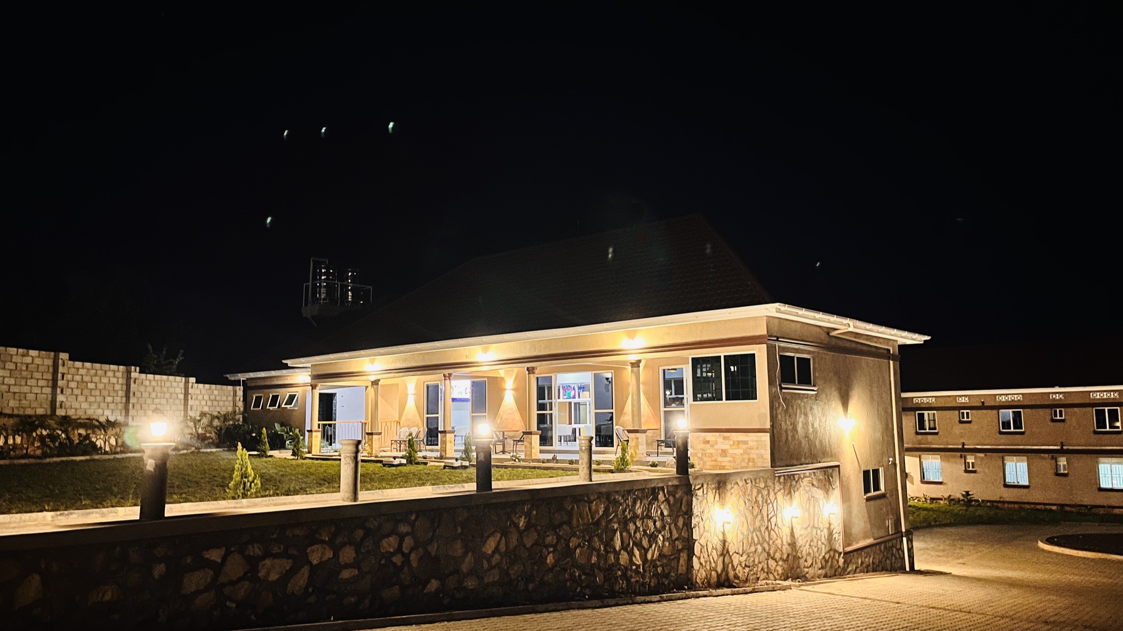 Evening exterior at Fort Arch Eco Lodges